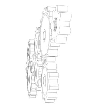 Wire frame gears. 3d rendering on white background
