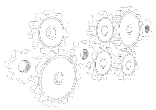 Wire frame gears. 3d rendering on white background