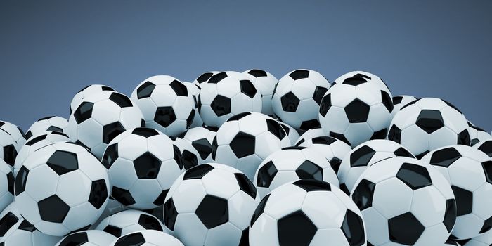 Group of soccer balls. 3d rendering of a blue background