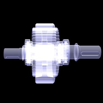 White shafts, gears and bearings. X-ray render isolated on black background