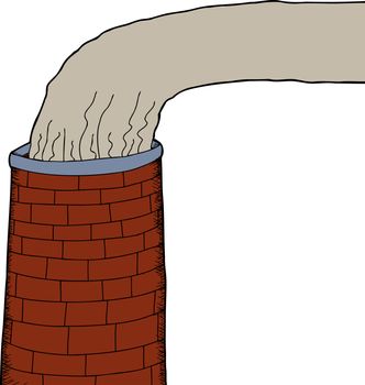 One isolated brick industrial chimney with smoke