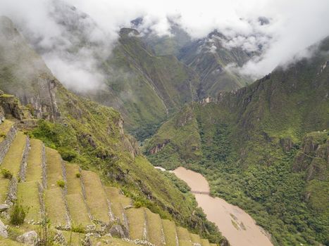 The Terraced Fields in the upper Agricultural Sector of the Machu Picchu over the Urubamba river valley, Cusco Region, Peru.