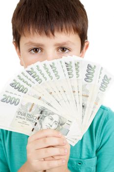 czech money, man boy holding a fan from czech crown banknotes