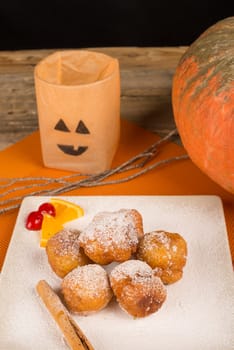 A traditional Spanish Halloween deseert served  with holiday decoration.