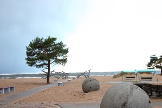 Autumn beach in St. Petersburg.  Gulf of Finland