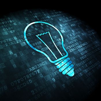 Finance concept: pixelated Light Bulb icon on digital background, 3d render