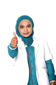 Asian young woman doctor thumbs up on white background