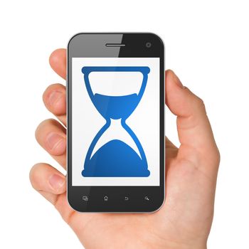 Timeline concept: hand holding smartphone with Hourglass on display. Generic mobile smart phone in hand on White background.