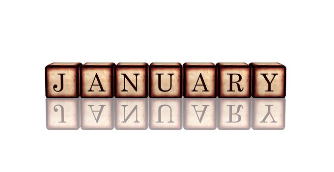 month january - text in 3d retro wooden cubes with letters and reflection, calendar concept element