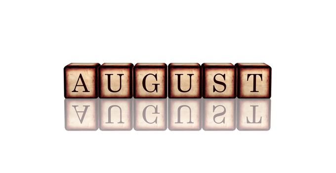 month august - text in 3d retro wooden cubes with letters and reflection, calendar concept element