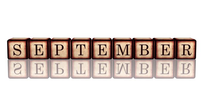 month september - text in 3d retro wooden cubes with letters and reflection, calendar concept element