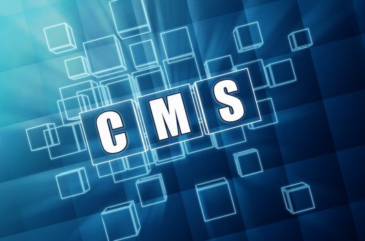 CMS, content management system - text in 3d blue glass cubes with white letters, internet concept