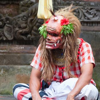 BALI - SEP 21: Barong and Kris Dance performs at Sahadewah, in Batubulan, Bali, Indonesia on Sep 21, 2012. This famous play represents an fight between good and bad gods.