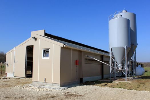 photo of a barn with grain silos for breeding hens and chickens