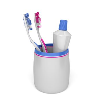 Toothbrushes and toothpaste on white background