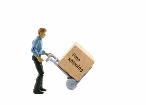 man with trolley and box text  free shipping