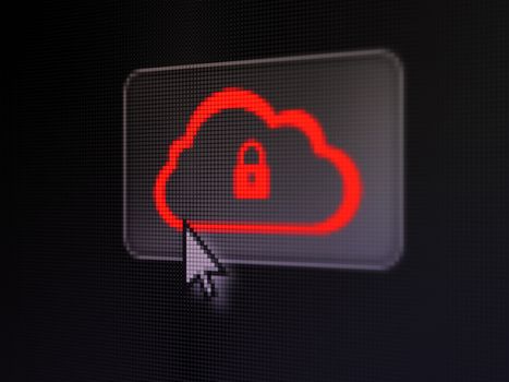 Cloud technology concept: pixelated Cloud With Padlock on button with Arrow cursor on digital computer screen, selected focus 3d render