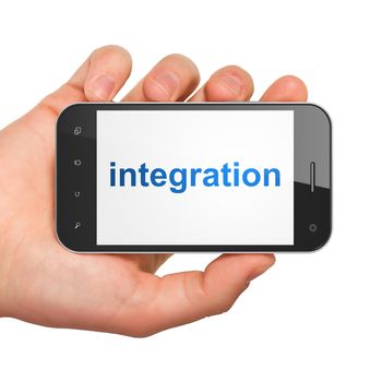 Business concept: hand holding smartphone with word Integration on display. Generic mobile smart phone in hand on White background.