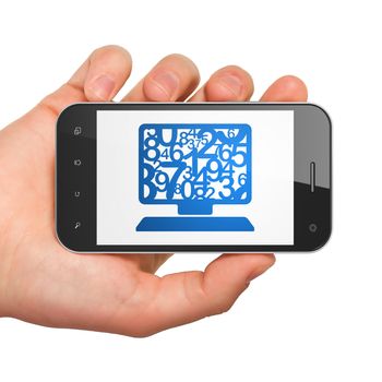 Education concept: hand holding smartphone with Computer Pc on display. Generic mobile smart phone in hand on White background.