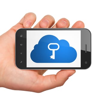 Cloud technology concept: hand holding smartphone with Cloud With Key on display. Generic mobile smart phone in hand on White background.