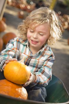 Adorable Little Boy Sitting in Wheelbarrow and Holding His Pumpkin in a Rustic Ranch Setting at the Pumpkin Patch.
