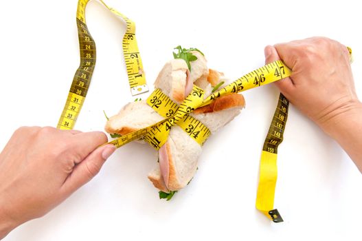 Measuring tape tightly tied around a sandwich 