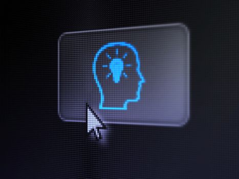Data concept: pixelated Head With Lightbulb on button with Arrow cursor on digital computer screen, selected focus 3d render