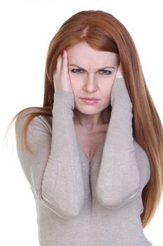 Unhappy young woman with bad headache on white background