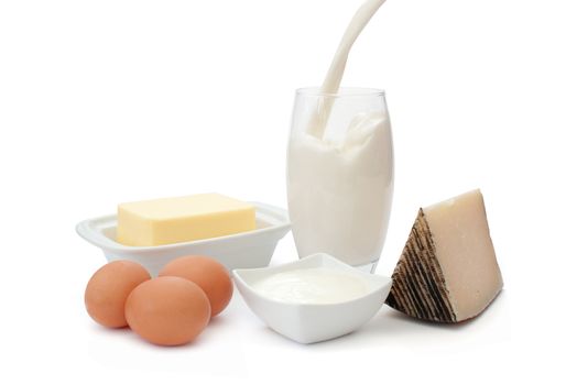 Various dairy products including cheese, butter, cream and milk, and eggs