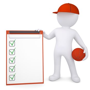 3d basketball player with the checklist. Isolated render on a white background