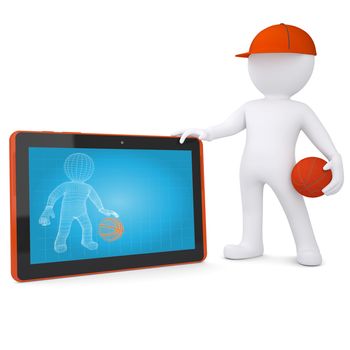 3d basketball player with the tablet PC. Isolated render on a white background