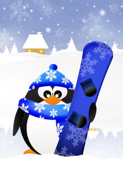 Penguin with snowboard