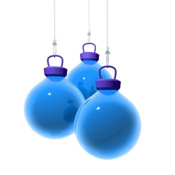 3D Render of three blue christmas balls hanging on a transparent wire. White background.