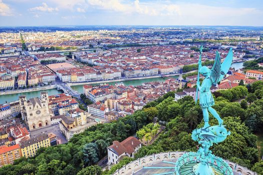 Horizontal view of Lyon from the top of Notre Dame de Fourviere
