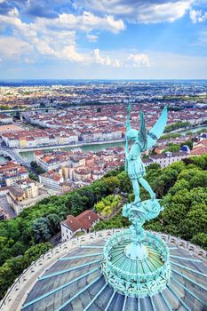 Vertical view of Lyon from the top of Notre Dame de Fourviere, France