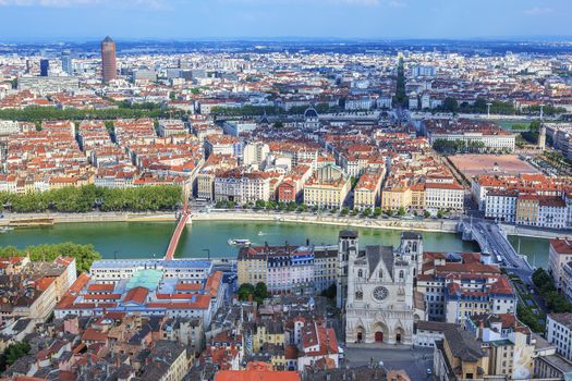 Famous view of Lyon from the Notre Dame de Fourviere Basilica