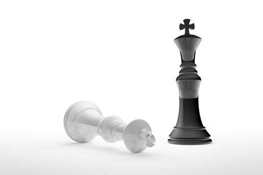 High resolution 3D render of black and white chess kings on white background. Black wins.