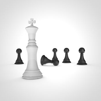 High resolution 3D render of black pawns and white chess king on white background.