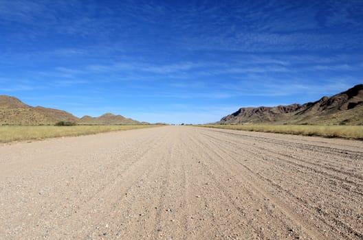 Grassy Savannah with mountains in background, Namib desert road to Sesriem, Namibia.