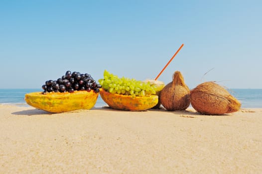 Assortment of exotic fruits in tropical beach