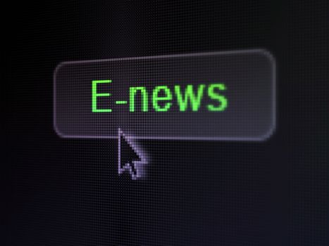 News concept: pixelated words E-news on button with Arrow cursor on digital computer screen background, selected focus 3d render
