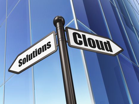 Cloud networking concept: Cloud Solutions on Building background, 3d render