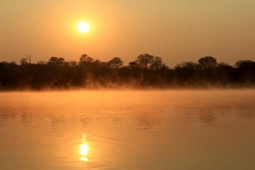 Sunrise at Kavango river whit mist on the water surface, Caprivi region. Namibia