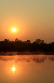 Sunrise at Kavango river whit mist on the water surface, Caprivi region. Namibia