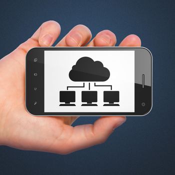 Cloud networking concept: hand holding smartphone with Cloud Network on display. Generic mobile smart phone in hand on Dark Blue background.