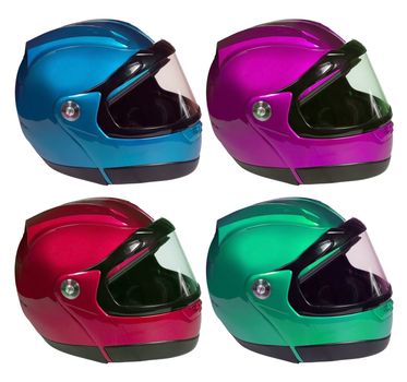 Motorcycle helmets in different colors  isolated on a white background. Collage