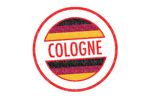 Passport-style COLOGNE rubber stamp over a white background.