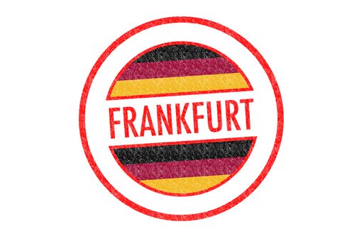 Passport-style FRANKFURT rubber stamp over a white background.