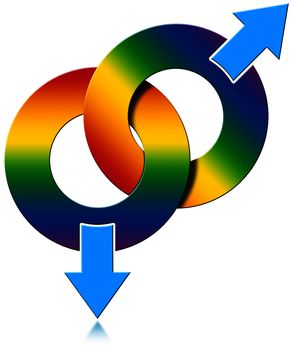 Two Male symbols rainbow colored on white background - gay relationship
