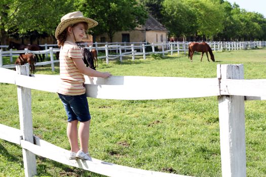 little girl with cowboy hat standing on corral and watching horses